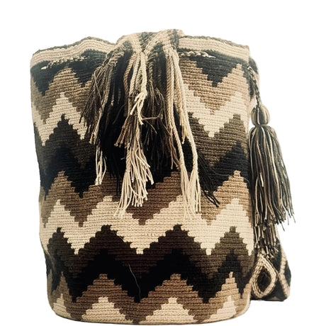 Wayuu Geometric Mochila Medium Shoulder Bag – Handwoven Black Brown & Beige