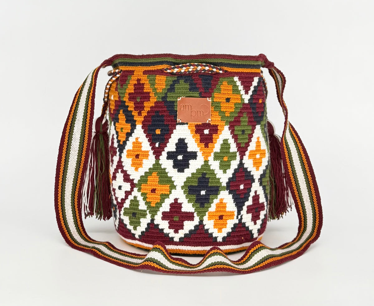 Wayuu Geometric Mochila Medium Shoulder Bag – Earth Tone & Burgundy Diamond