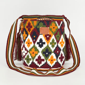 Wayuu Geometric Mochila Medium Shoulder Bag – Earth Tone & Burgundy Diamond