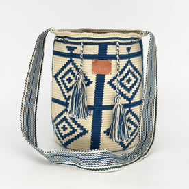 Wayuu Geometric Mochila Medium Shoulder Bag – Navy Blue & Beige Cross Diamond