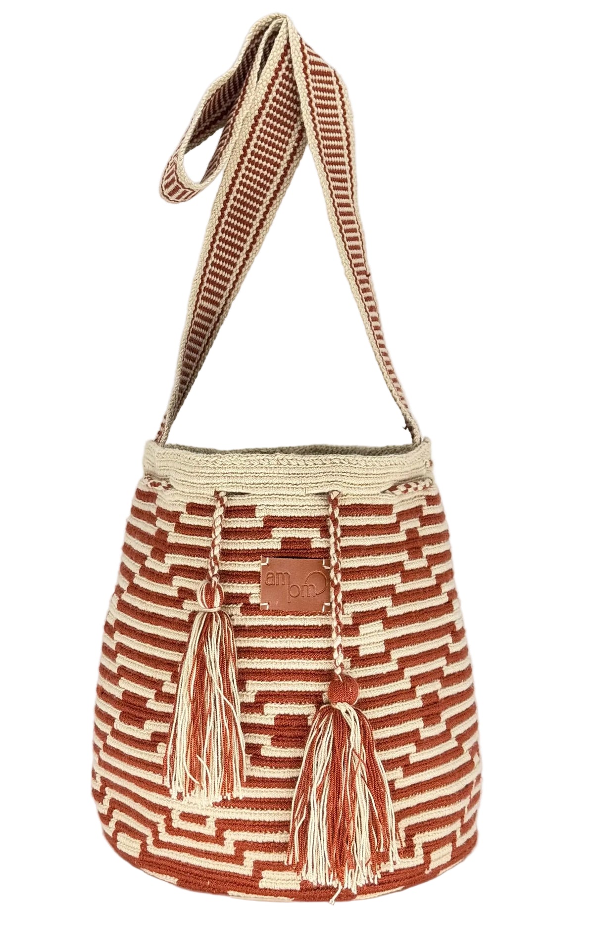 Wayuu Geometric Mochila Medium Shoulder Bag – Terracotta Rust & Beige
