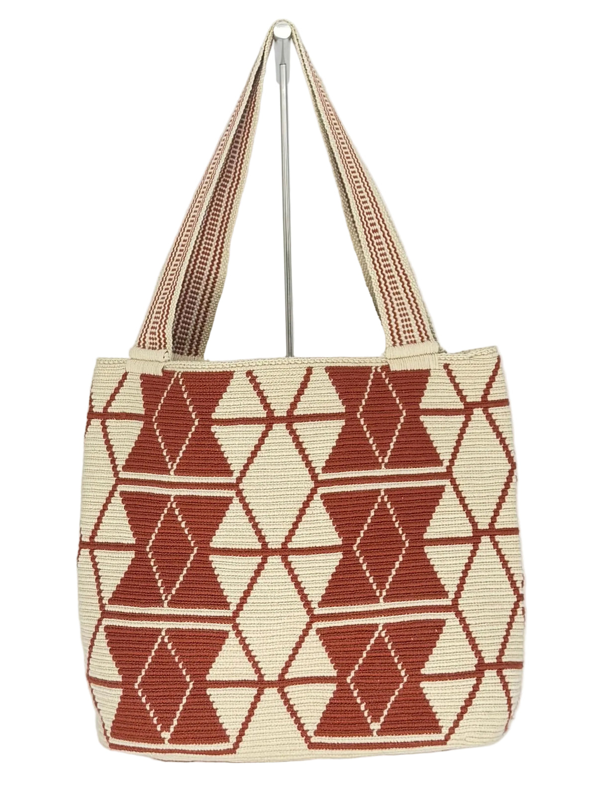 Wayuu Handwoven Tote Bag - Cream & Rust Geometric Woven Daily Shoulder Bag