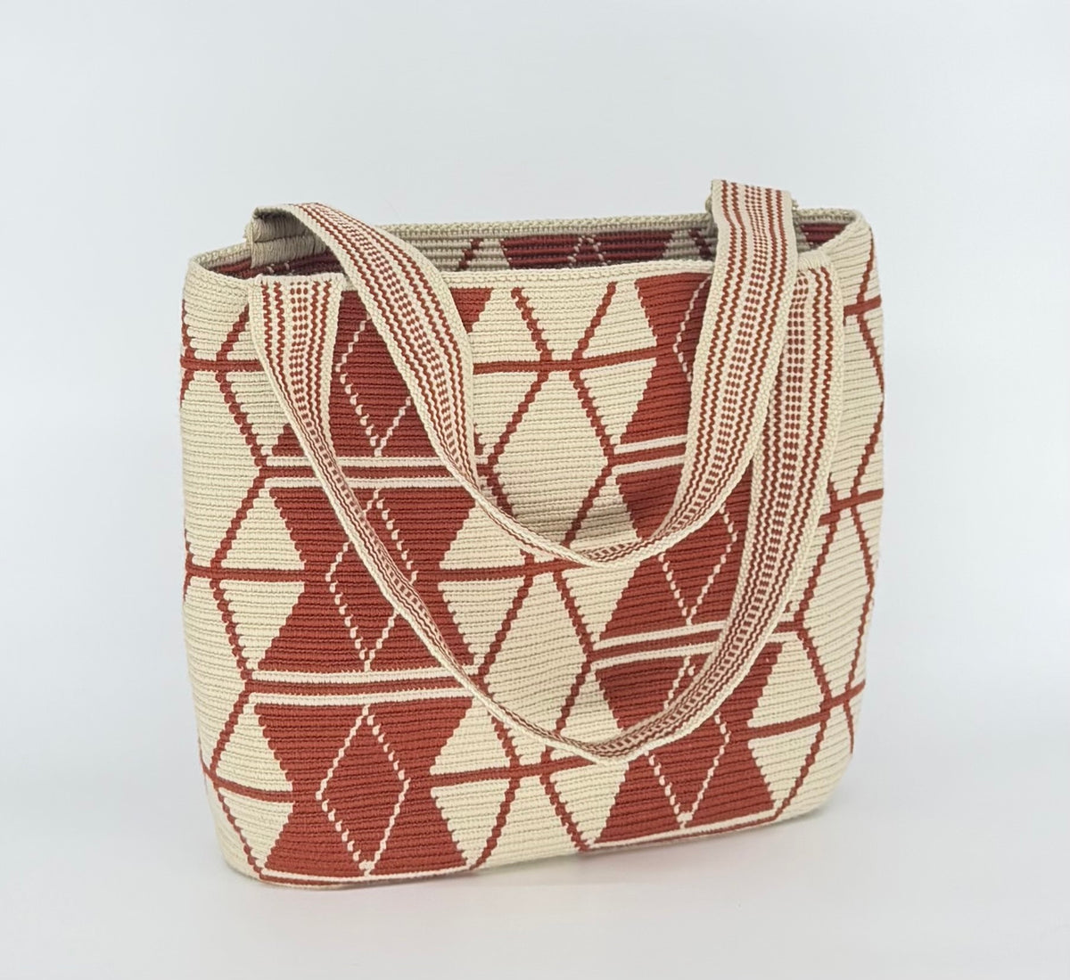 Wayuu Handwoven Tote Bag - Cream & Rust Geometric Woven Daily Shoulder Bag