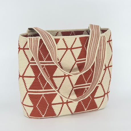 Wayuu Handwoven Tote Bag - Cream & Rust Geometric Woven Daily Shoulder Bag