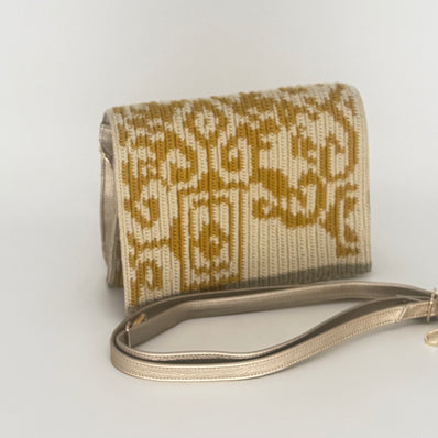 Leather & Handwoven Wayuu Crossbody Bag – Gold Ochre & Cream