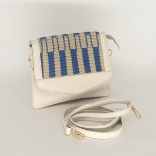 Cream Leather & Handwoven Wayuu Blue Geometric Envelope Crossbody Bag