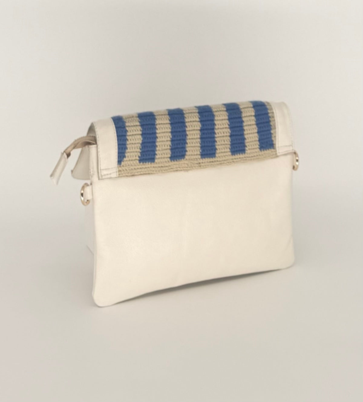 Cream Leather & Handwoven Wayuu Blue Geometric Envelope Crossbody Bag