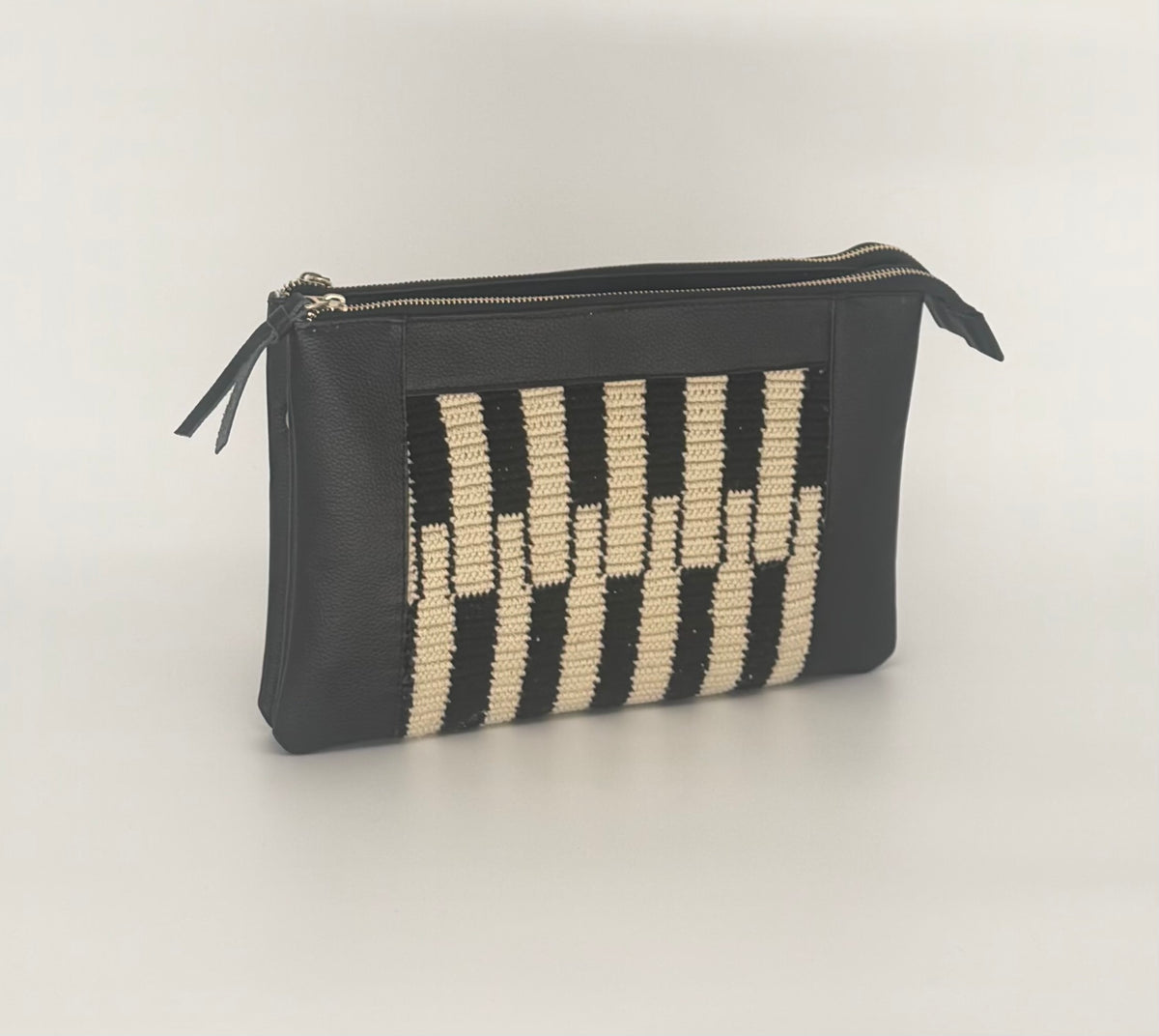 Black Leather & Handwoven Wayuu Geometric Crossbody Bag