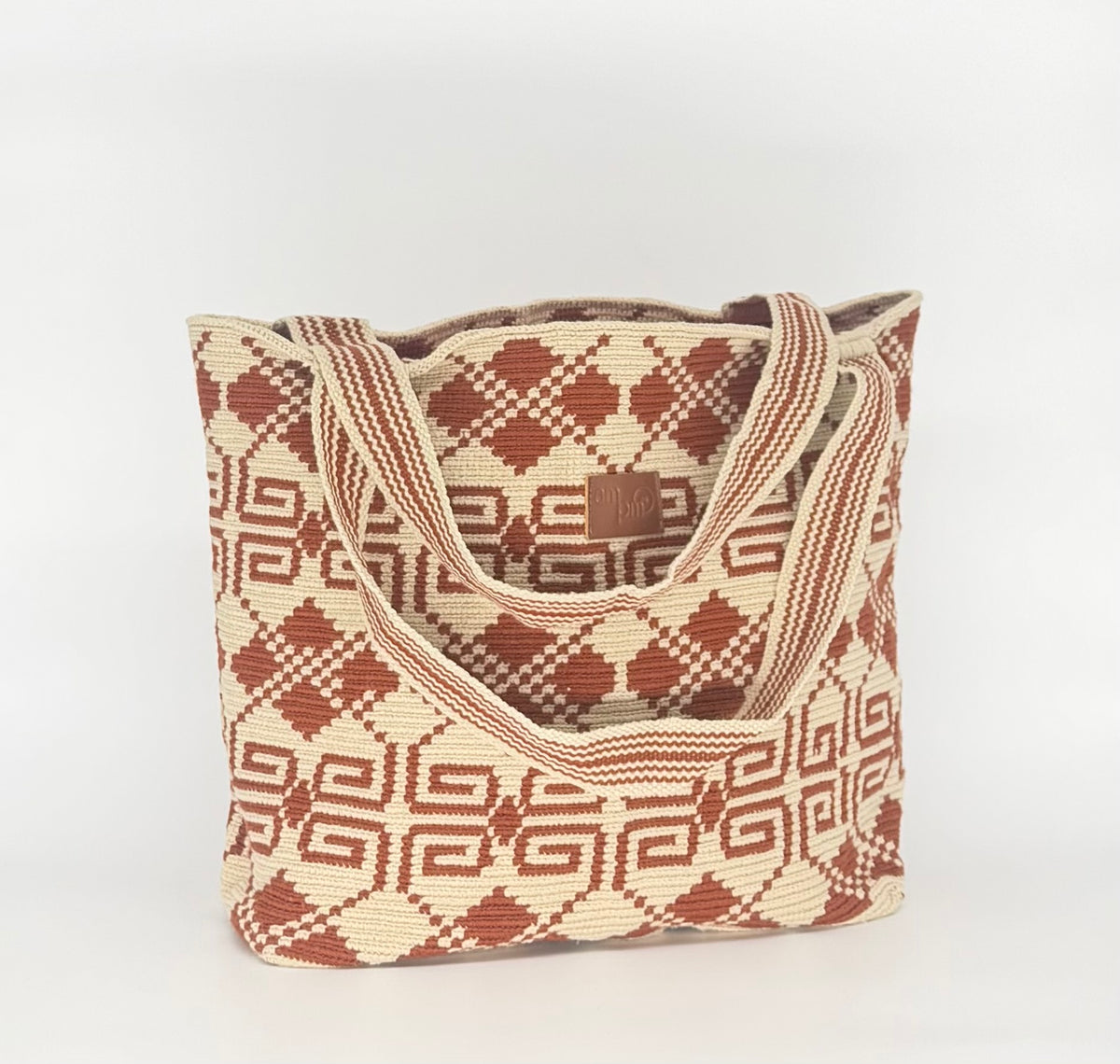 Wayuu Woven Rectangular Tote Bag – Terracotta Rust Scroll Diamond Lattice