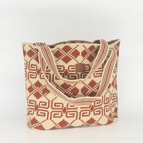 Wayuu Woven Rectangular Tote Bag – Terracotta Rust Scroll Diamond Lattice