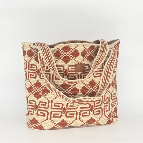 Wayuu Woven Rectangular Tote Bag – Terracotta Rust Scroll Diamond Lattice