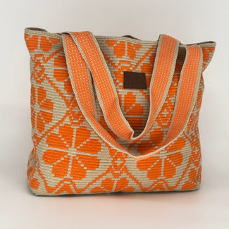 Wayuu Handwoven Tote Bag – Orange & Cream Diamond Lattice
