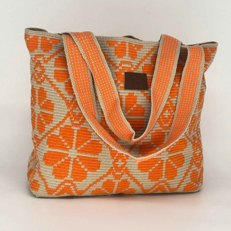 Wayuu Handwoven Tote Bag – Orange & Cream Diamond Lattice