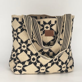 Wayuu Handwoven Tote Bag – Slate Indigo Blue & Cream Star Grid