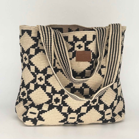 Wayuu Handwoven Tote Bag – Slate Indigo Blue & Cream Star Grid