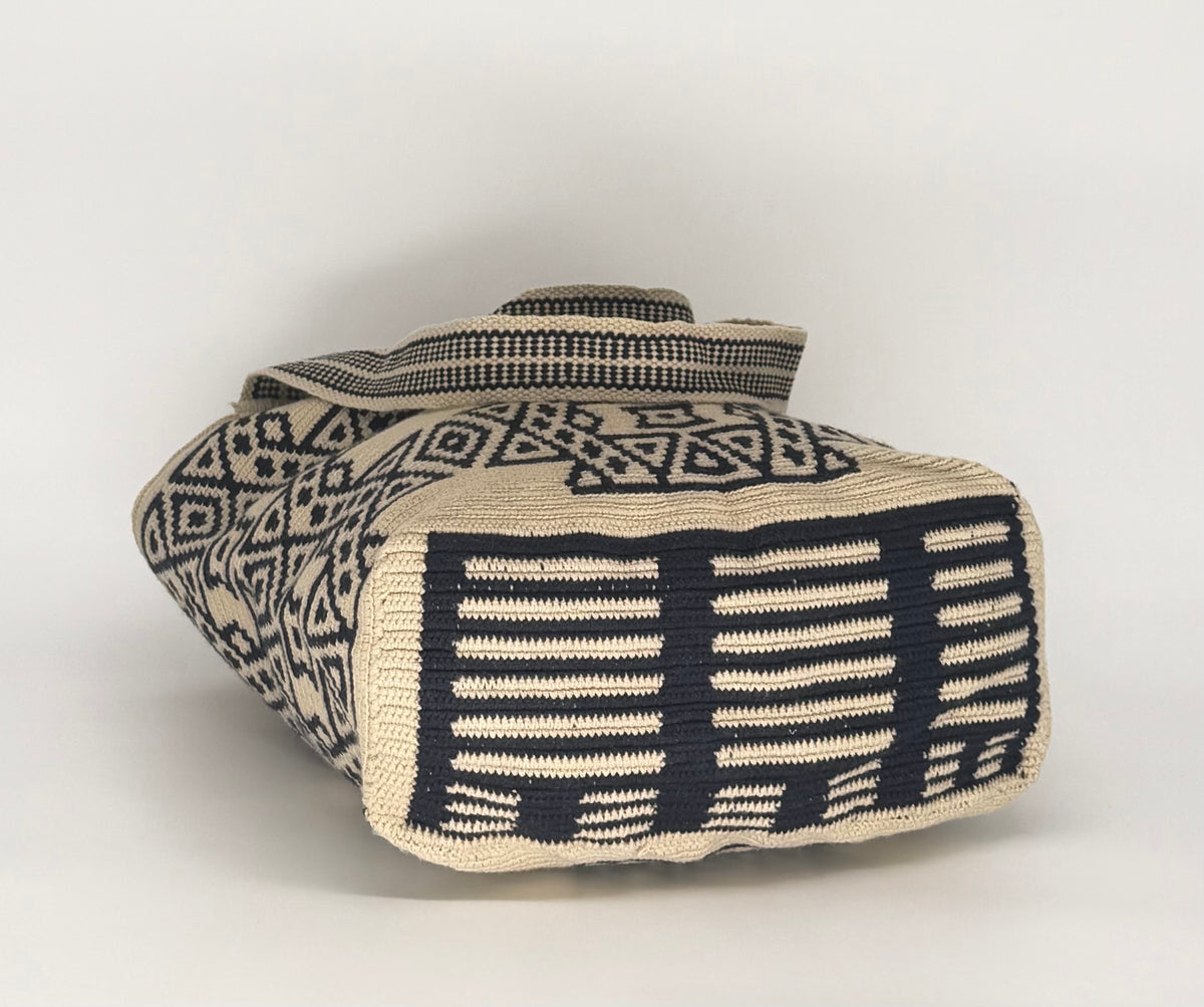 Wayuu Woven Rectangular Tote Bag – Navy Step Key Motif