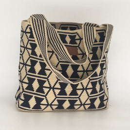 Wayuu Handwoven Tote Bag – Denim Blue Diamond Lattice Cross Motif