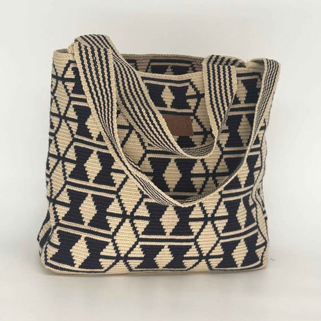 Wayuu Handwoven Tote Bag – Denim Blue Diamond Lattice Cross Motif