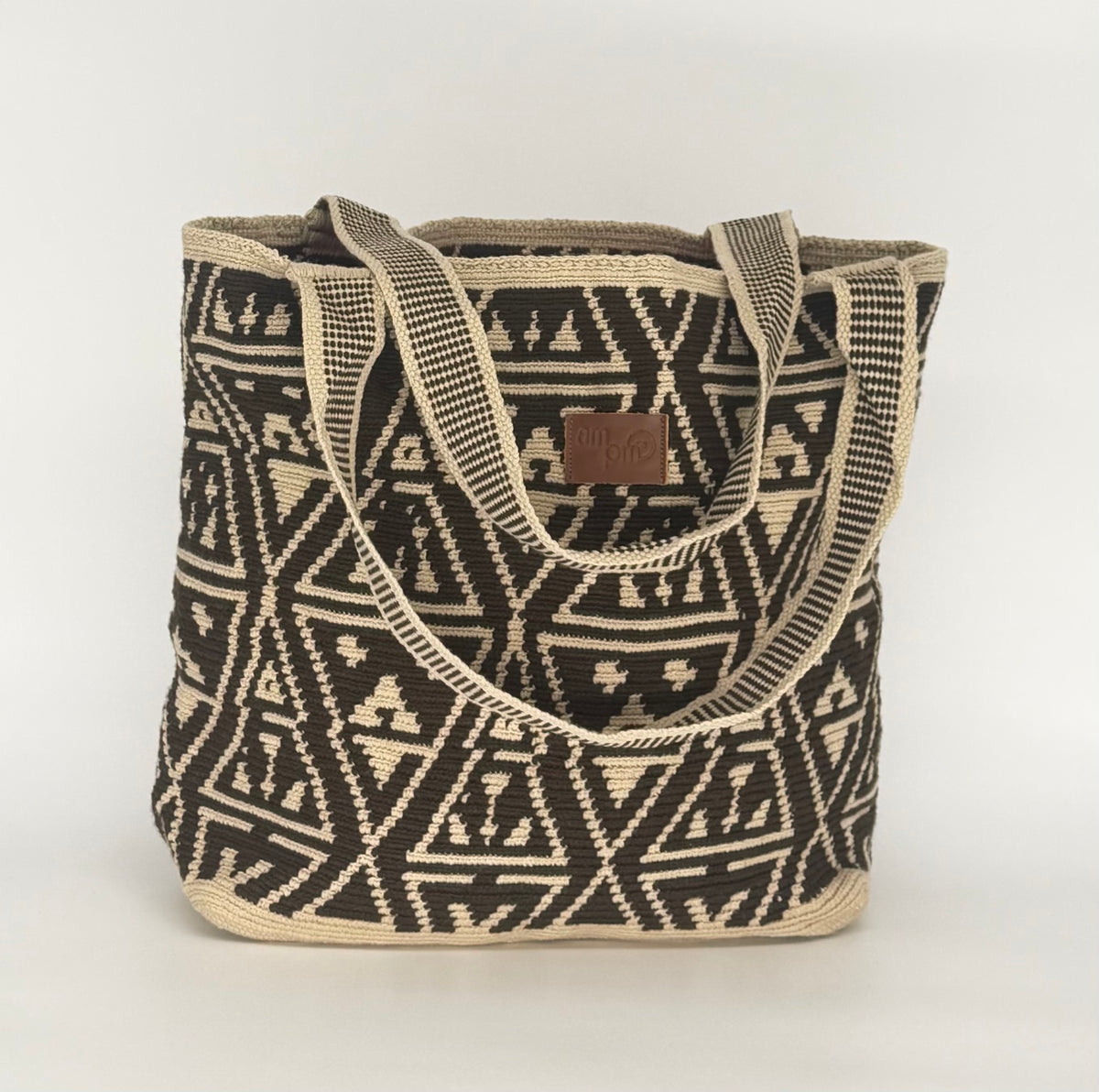 Wayuu Woven Rectangular Tote Bag – Espresso Scroll Diamond Motif