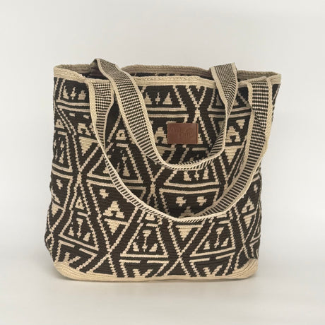 Wayuu Woven Rectangular Tote Bag – Espresso Scroll Diamond Motif