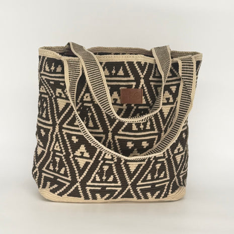 Wayuu Woven Rectangular Tote Bag – Espresso Scroll Diamond Motif