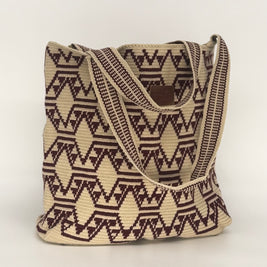 Wayuu Handwoven Tote Bag – Deep Burgundy / Maroon & Cream Chevron Wave
