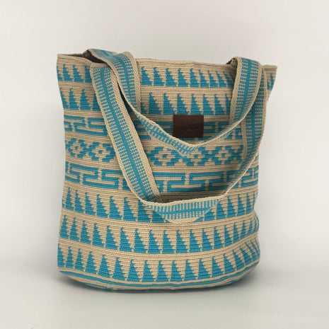 Wayuu Woven Oval Tote Bag – Baby Blue & Beige Geometric