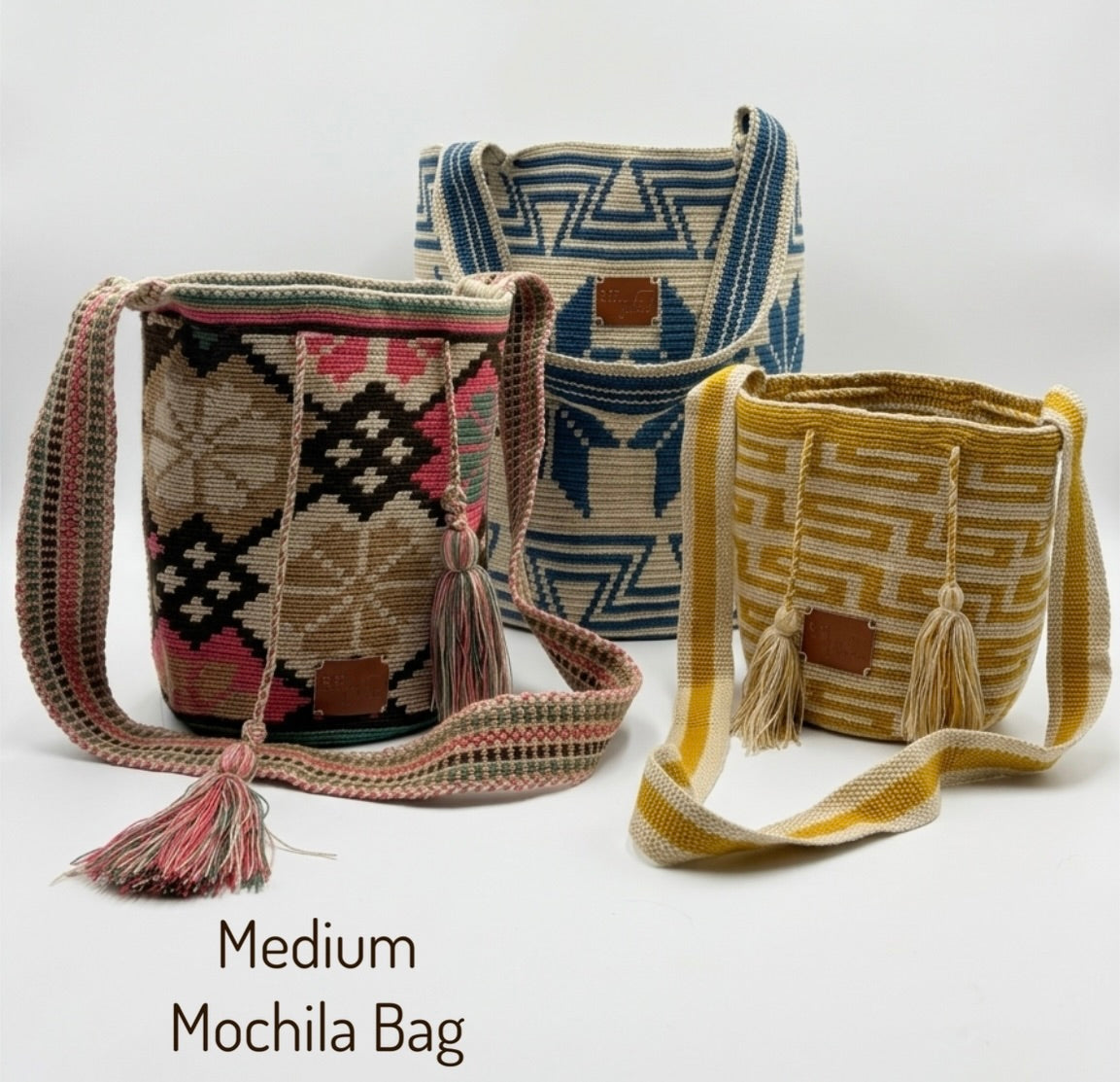 Wayuu Geometric Mochila Medium Shoulder Bag – Handwoven Gray, Pastel Blue, Navy Blue & Beige