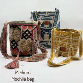 Wayuu Geometric Mochila Medium Shoulder Bag – Handwoven Gray, Pastel Blue, Navy Blue & Beige