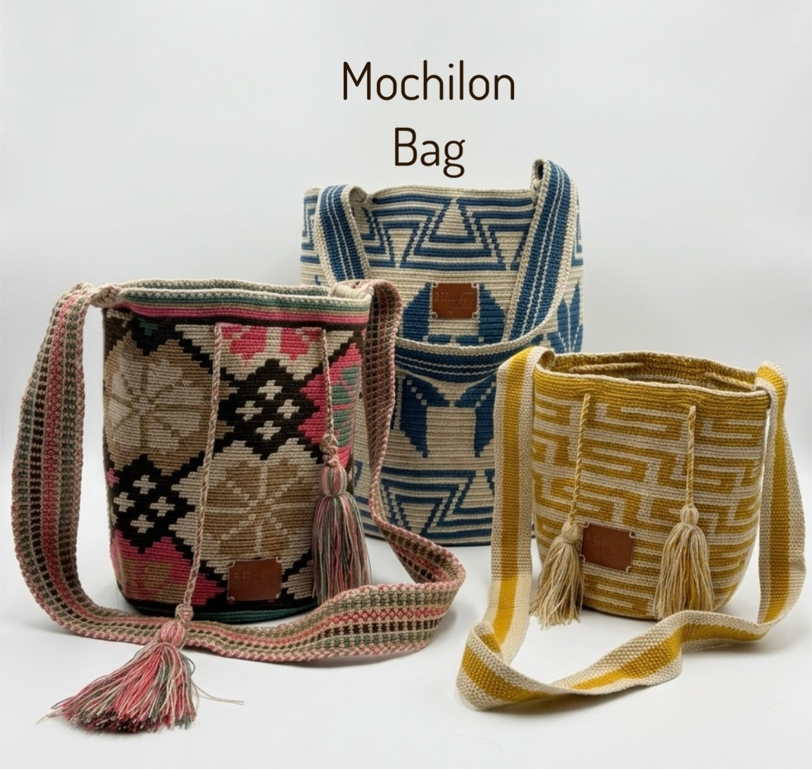 Wayuu Geometric Mochilón Large Bucket Bag – Handwoven Blue & Beige Tote