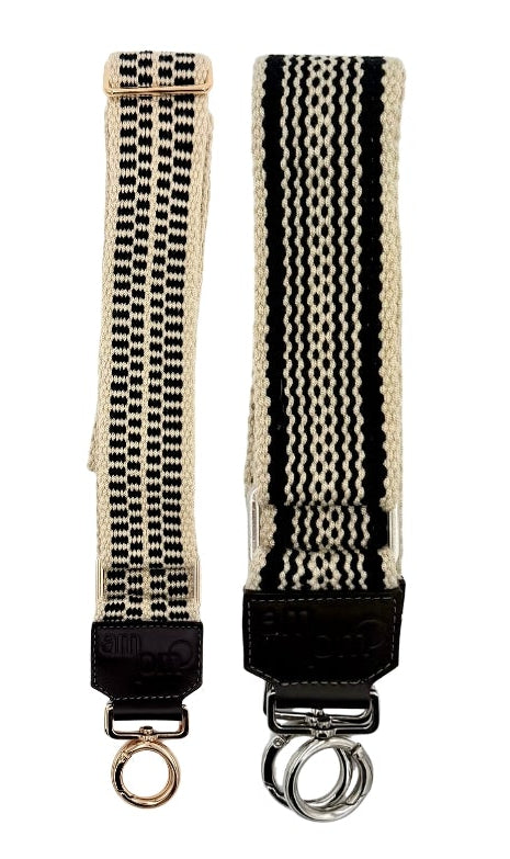 Handwoven Wayuu Bag Strap - Premium Adjustable Edition Black Lines & Dots Raw Trim
