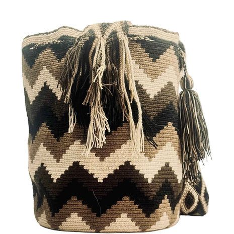 Wayuu Geometric Mochila Medium Shoulder Bag – Handwoven Black Brown & Beige