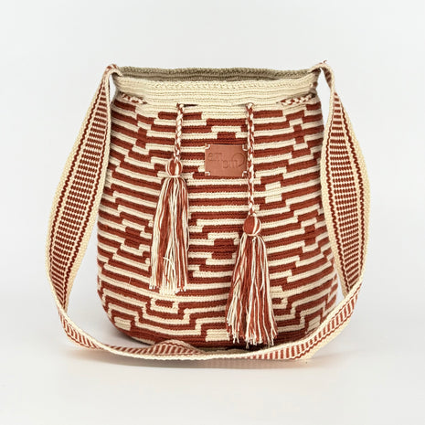 Wayuu Geometric Mochila Medium Shoulder Bag – Terracotta Rust & Beige