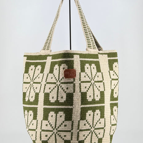 Wayuu Green Mochilón Large Tote Bag – Handwoven Floral Bag from Colombia