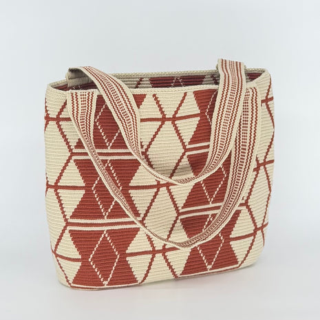 AMPMsis Wayuu Handwoven Tote Bag - Cream & Rust Geometric Woven Daily Shoulder Bag