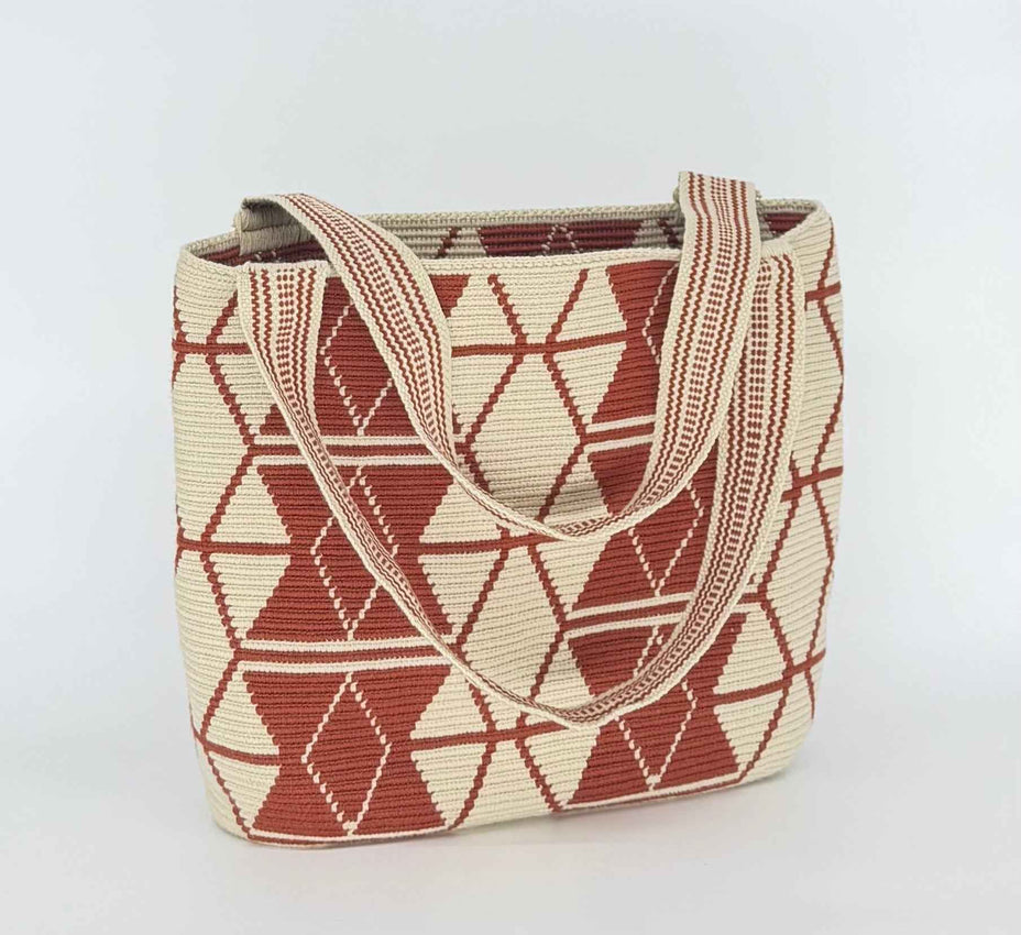 Wayuu Handwoven Tote Bag - Cream & Rust Geometric Woven Daily Shoulder Bag