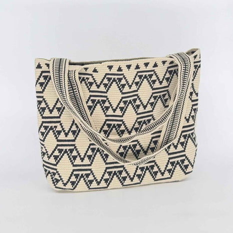 Wayuu Handwoven Tote Bag – Black & Cream Chevron Wave