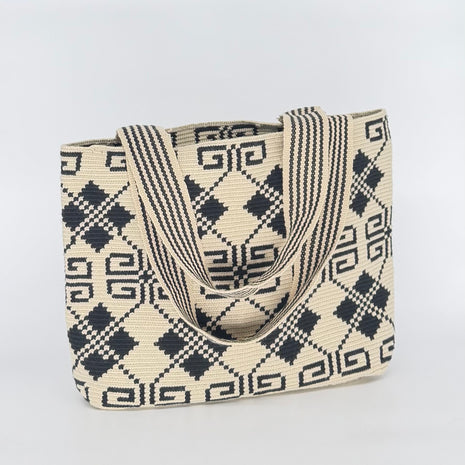 Wayuu Handwoven Tote Bag – Black & Cream Cross-Diamond