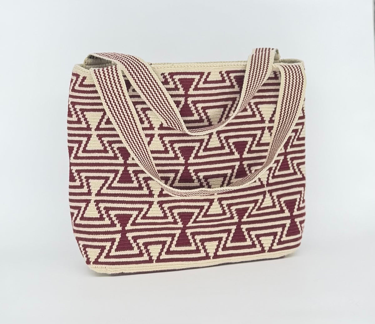 Wayuu Handwoven Tote Bag – Burgundy & Cream Diamond Lattice