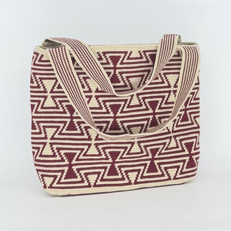 Wayuu Handwoven Tote Bag – Burgundy & Cream Diamond Lattice