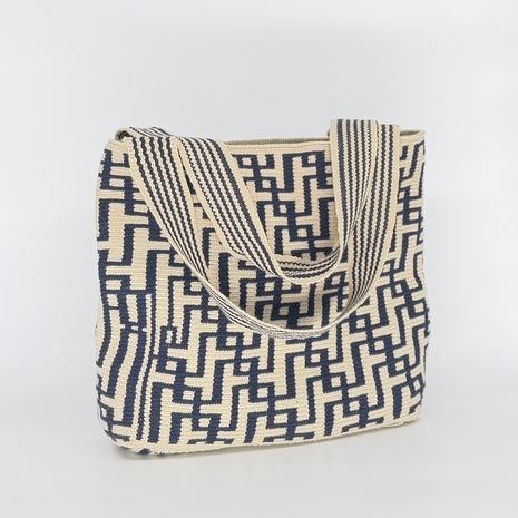 Wayuu Handwoven Tote Bag – Deep Navy Interlocking Geometric