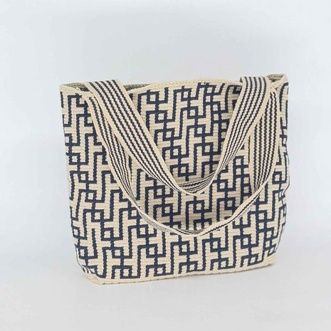 Wayuu Handwoven Tote Bag – Navy Blue Labyrinth Wave