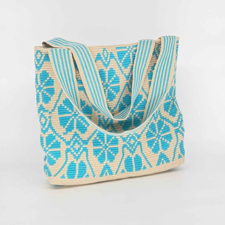 Wayuu Handwoven Tote Bag – Turquoise Diamond Lattice