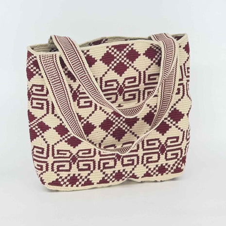 Wayuu Handwoven Tote Bag – Burgundy & Cream Diamond Lattice