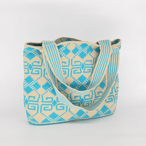 Wayuu Handwoven Tote Bag – Turquoise Diamond Lattice