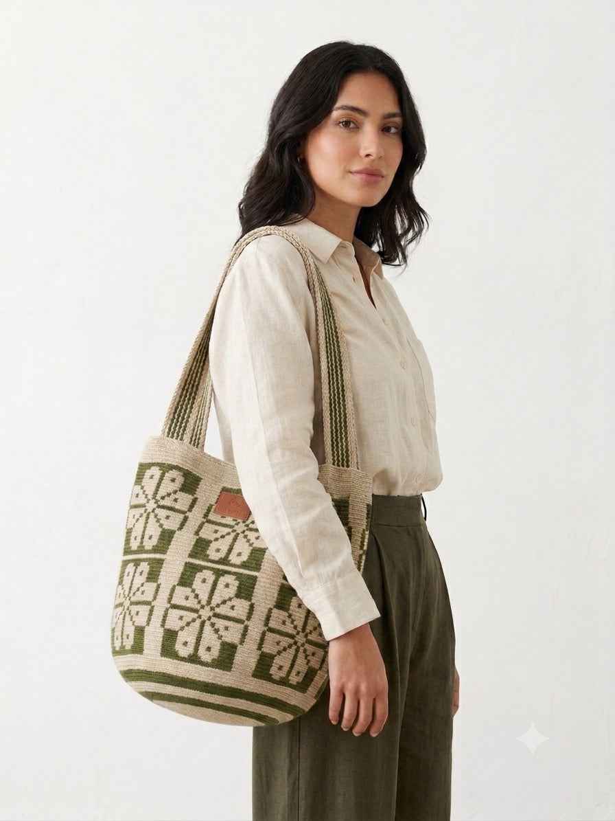 Wayuu Green Mochilón Tote Bag – Handcrafted Colombian Elegance for Every Occasion