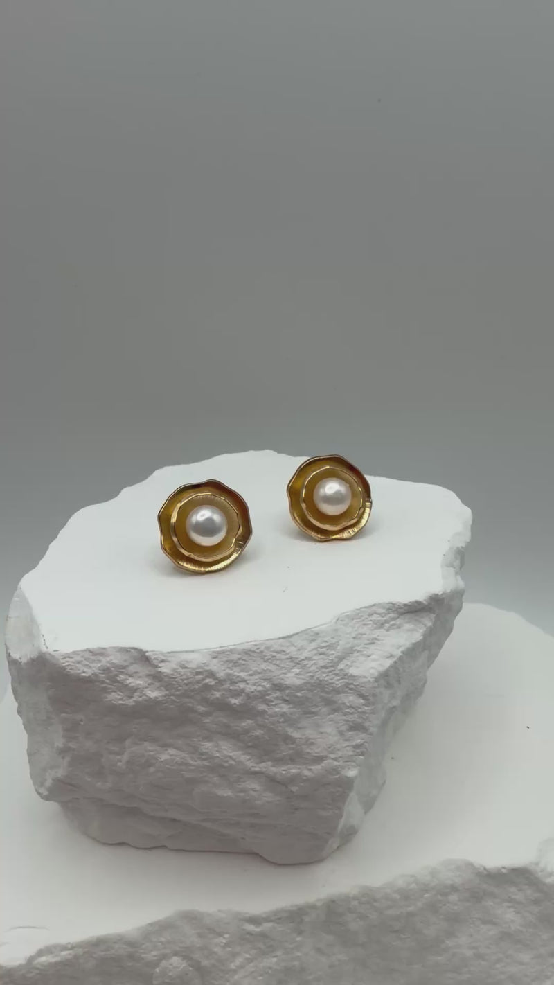24k Gold Pearl Earrings, Hand Forged Colombian Jewelry, Sculptural Bold Gold Stud Artisan Earrings, AMPMsis