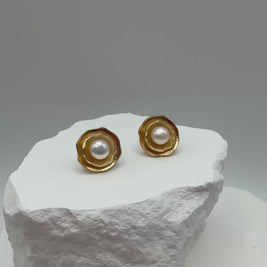 24k Gold Pearl Earrings, Hand Forged Colombian Jewelry, Sculptural Bold Gold Stud Artisan Earrings, AMPMsis