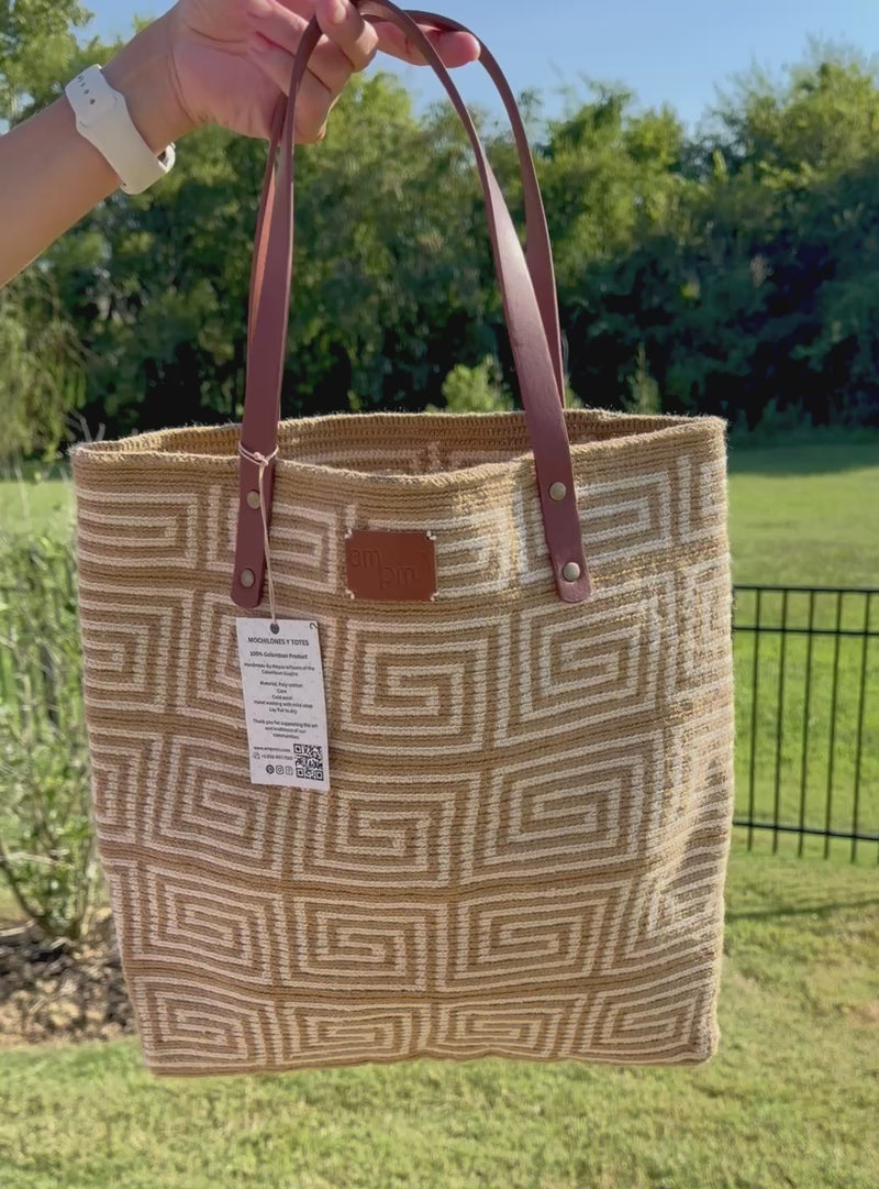 AMPMsis Handwoven Camel & Cream Geometric Leather Plain Tote Bag | Artisan Woven Shoulder Tote for Work & Travel