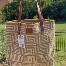 AMPMsis Handwoven Camel & Cream Geometric Leather Plain Tote Bag | Artisan Woven Shoulder Tote for Work & Travel